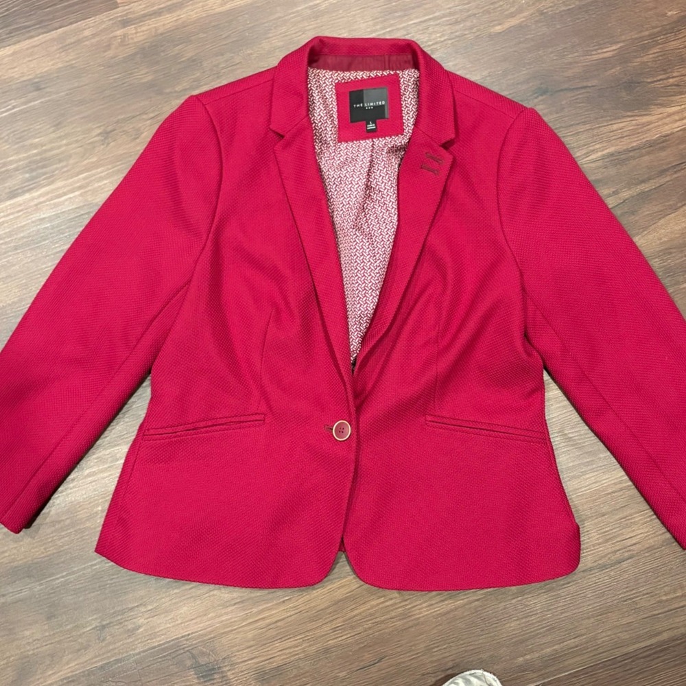 Cherry Red Textured Knit Blazer Office Siren Corporate Chic Geometric Lining L